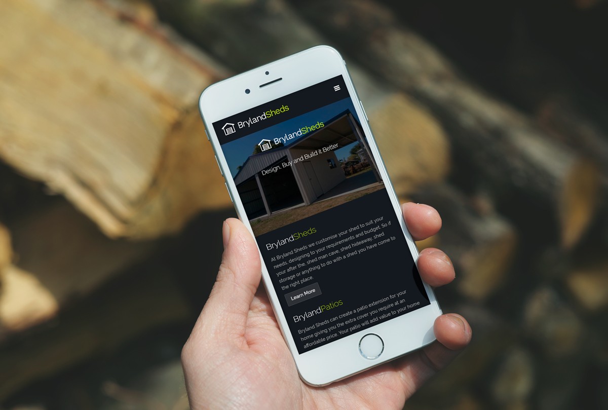 Bryland Sheds mobile-friendly website designed by Devonport web designers The Tasmanian Web Company displayed on an iPhone