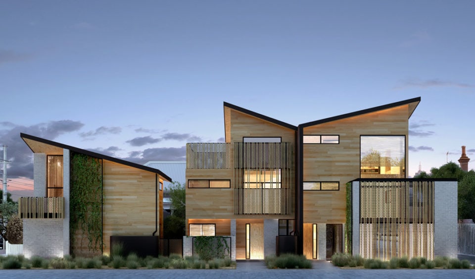 A mockups of modern house with a wooden facade at dusk. For a website design.