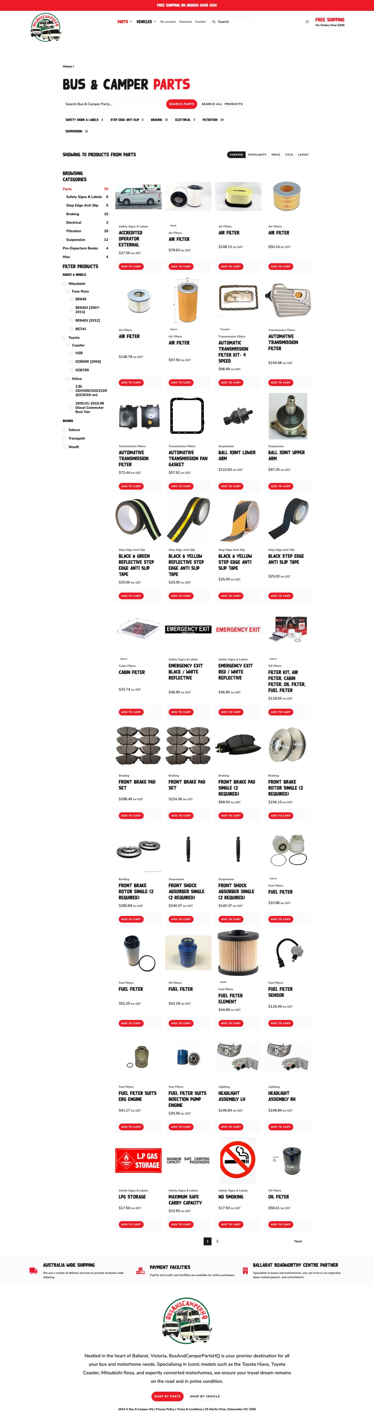 A webpage displaying a variety of bus and camper parts with images and prices, categorized under suspension, steering, custom wheels, tires, and related accessories.