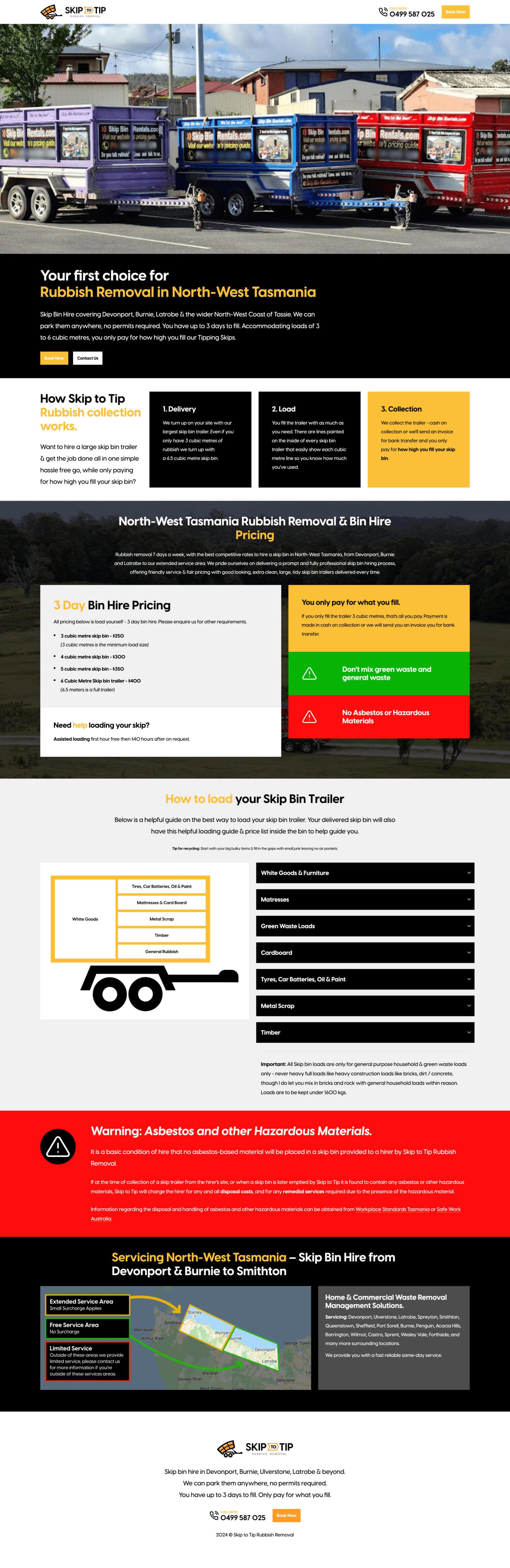 Screenshot of the Skip to Tip website homepage, advertising rubbish removal and bin hire services in North-West Tasmania. Features pricing, trailer loading instructions, and a warning about hazardous materials.